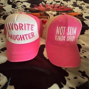 Pink and White Trucker Hats with Fun Text